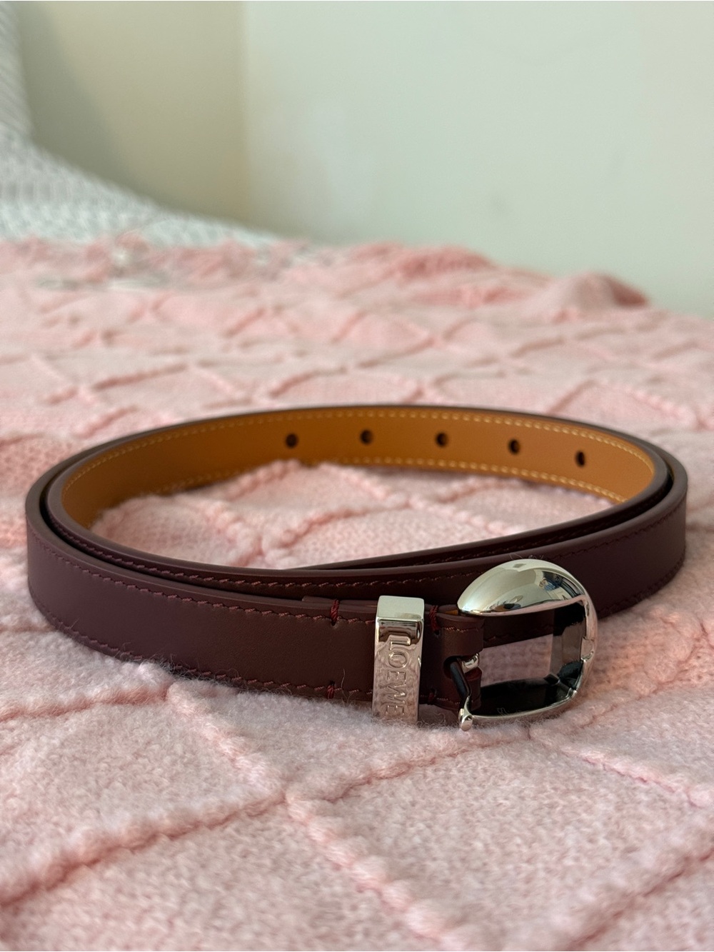 Loewe Burgundy Leather Belt with Polished Silver Buckle
